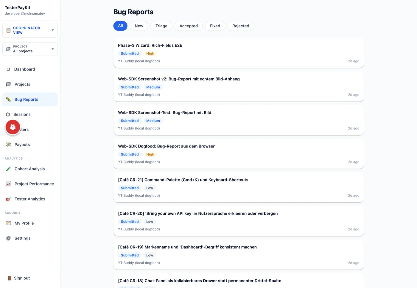 TesterPayKit console: bug report list from our own dogfood app with severity and status badges