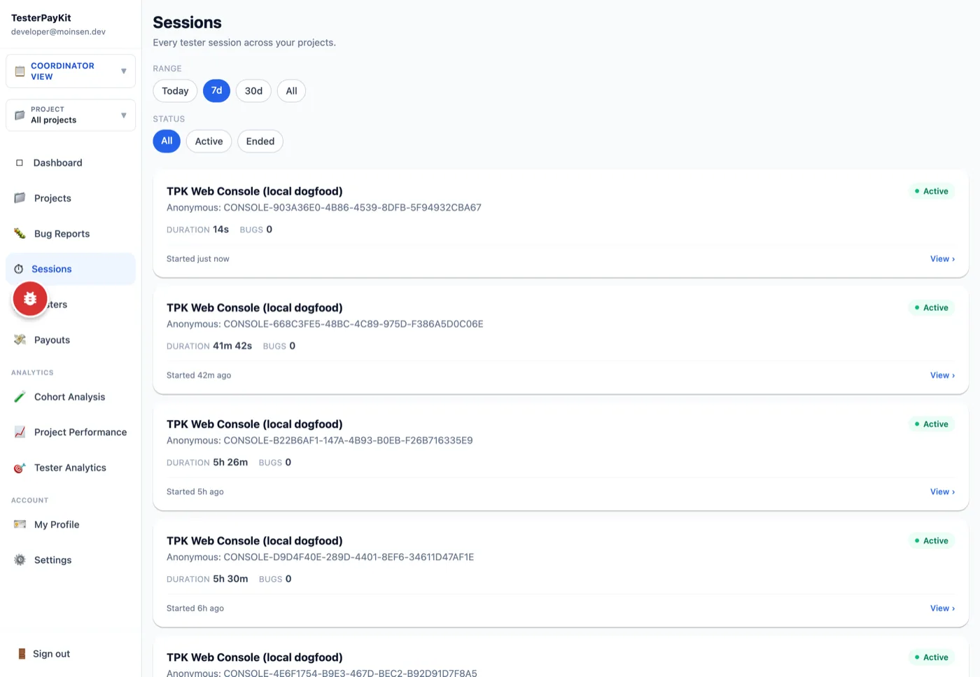 TesterPayKit console: live session list with duration, bug count and status per tester session